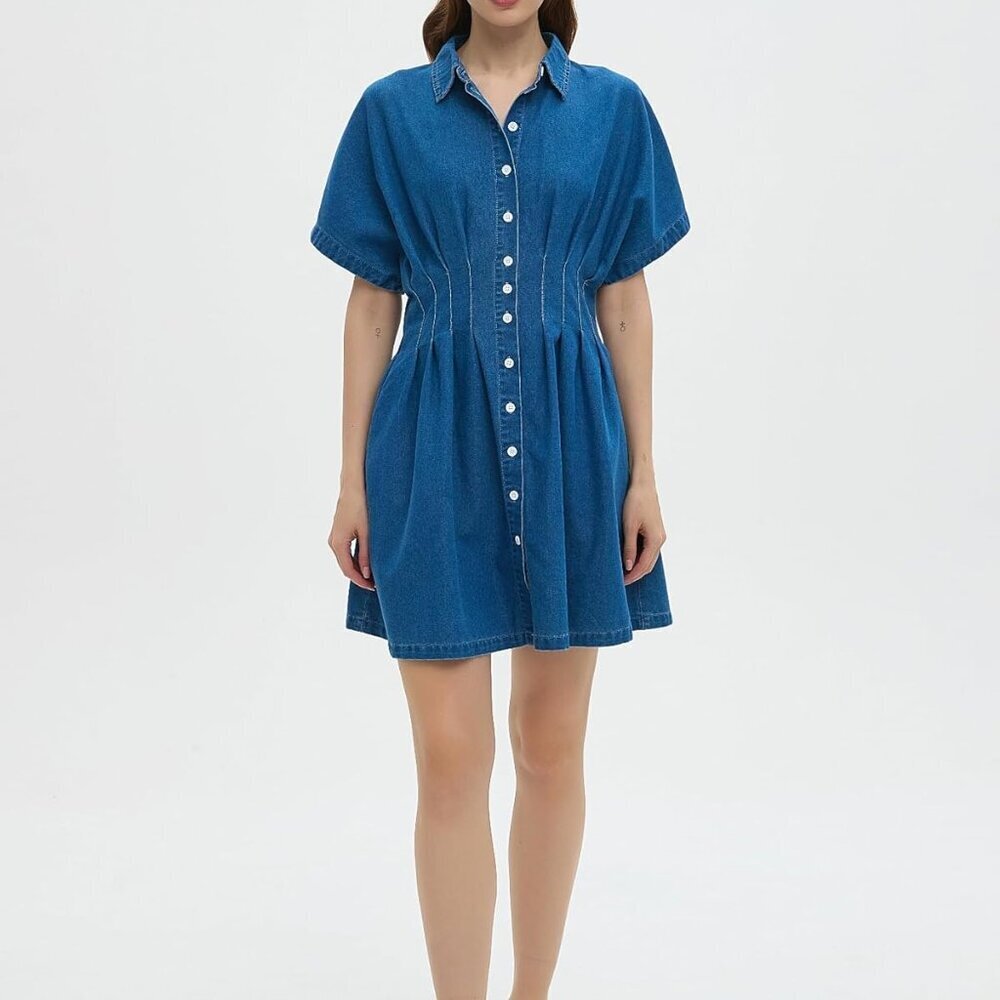 Women's Denim Dress V-Neck Slim Fit Mini A-Line Casual Summer - Picture 5 of 6